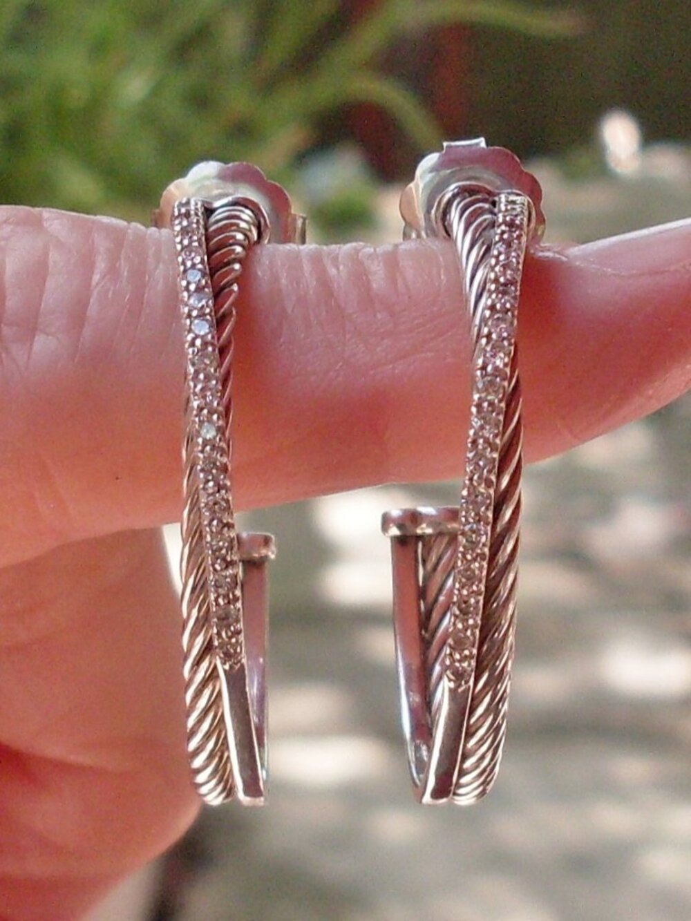 Retired - David Yurman Diamond Crossover Hoop Earrings - 1.5 inches - DY Backs